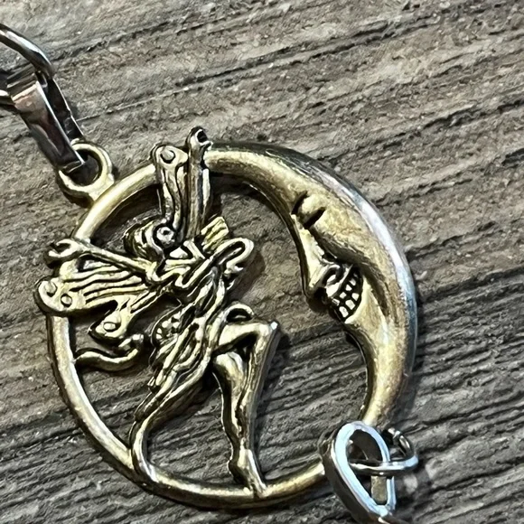 Silver-Tone Fairy & Crescent Moon Pendant Necklace with Orange Stone - fairycore - Picture 4 of 5